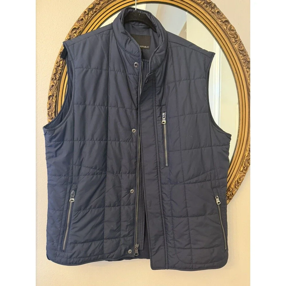 Banana Republic Mens M Quilted Vest Navy Blue Modular System Full Zip Puffer